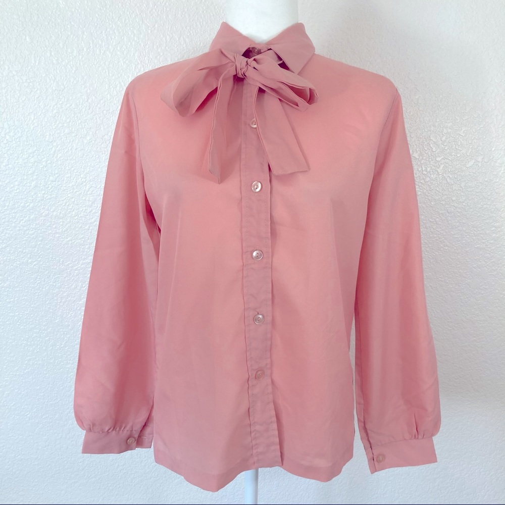 Vintage Pink Pussy Bow Mad Men Button Down Blouse